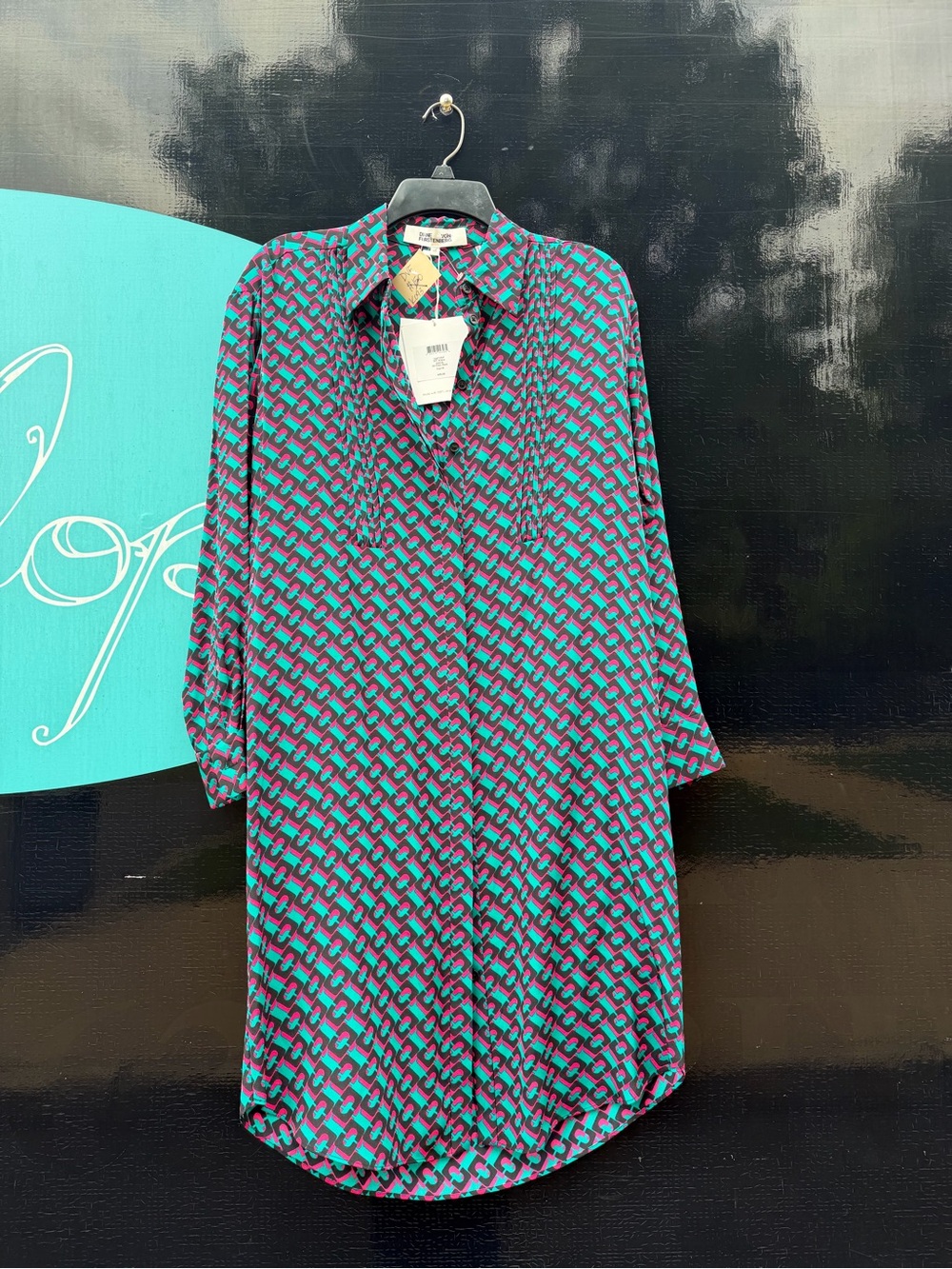 Diane Von Furstenberg Teal & Magenta Geometric Long Sleeve Dress